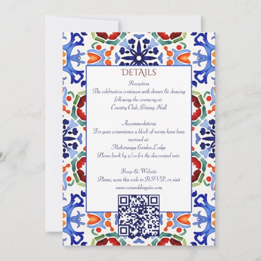 タラベラアズレジョ青タイルヴィンテージメキシ結婚コの 招待状 (裏面)