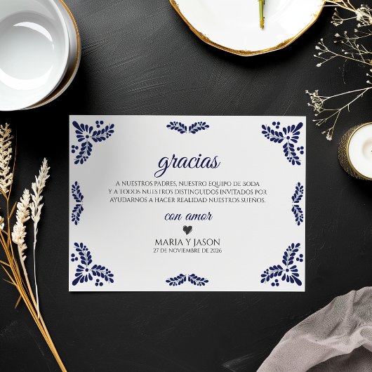 タラベラブルーの花柄ミニマリストスペインの結婚式 サンキューカード