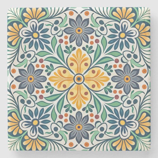 タラベラヴィンテージメキシコフォークアートティール（緑がかった色）グリーン ストーンコースター (正面)