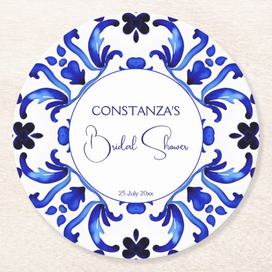 タラベラ青いタイルのメキシコのブライダルシャワーの好意 ラウンドペーパーコースター (正面)