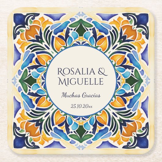 タラベラ・アズレジョ・ブルー・タイルはメキシコ人にヴィンテージを好む スクエアペーパーコースター (正面)