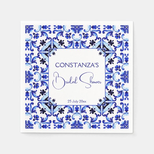 タラベラ アズレホの青いタイル メキシコの結婚前お祝い スタンダードカクテルナプキン (正面)