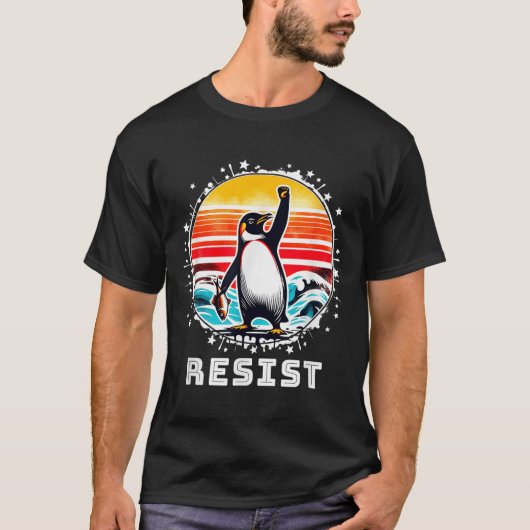 タリおもしろいに抗議するペンギン Tシャツ (正面)