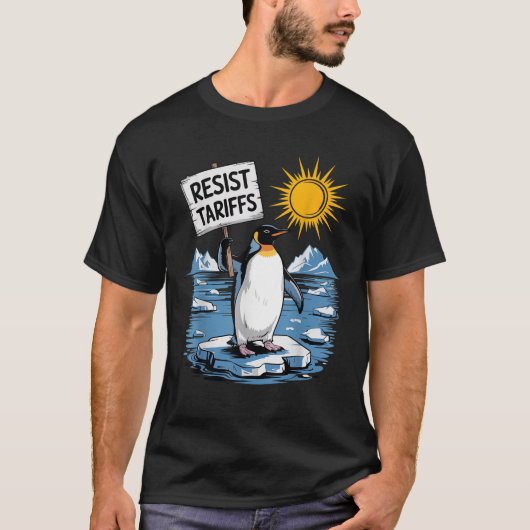 タリフ島に抗議する島ペンギンの声に抵抗する Tシャツ (正面)