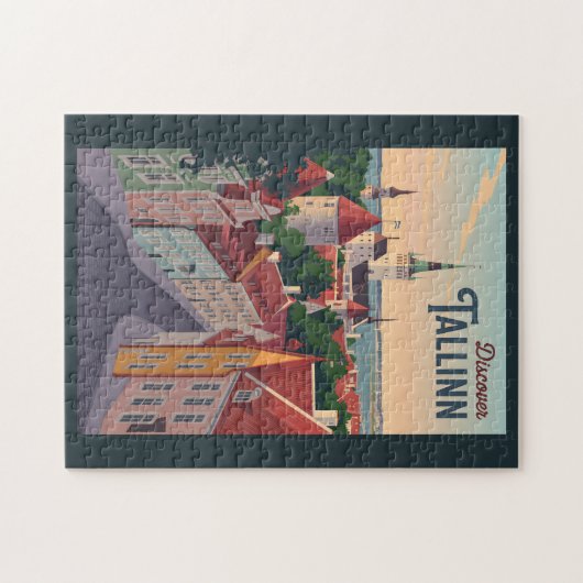 タリンエストニアイラストレーショントラベルアートヴィンテージ ジグソーパズル (横)
