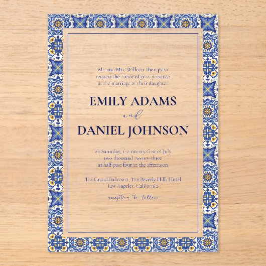 タルベラフィエスタメキシスペインのコの目的地の結婚式 アクリル招待状 (正面)