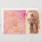 タロス/ムーンレディ、ピンクのフローラ渦巻きモノグラム 便箋 (正面/裏面)