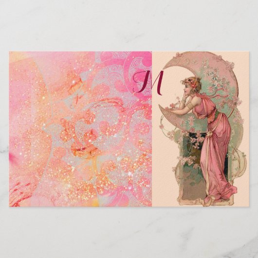 タロス/ムーンレディ、ピンクのフローラ渦巻きモノグラム 便箋 (正面)