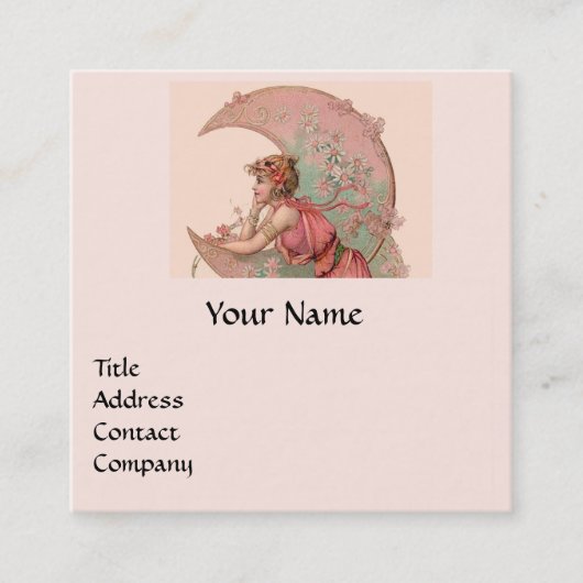 タロッツ、月の女性と花ピンクのモノグラム スクエア名刺 (正面)