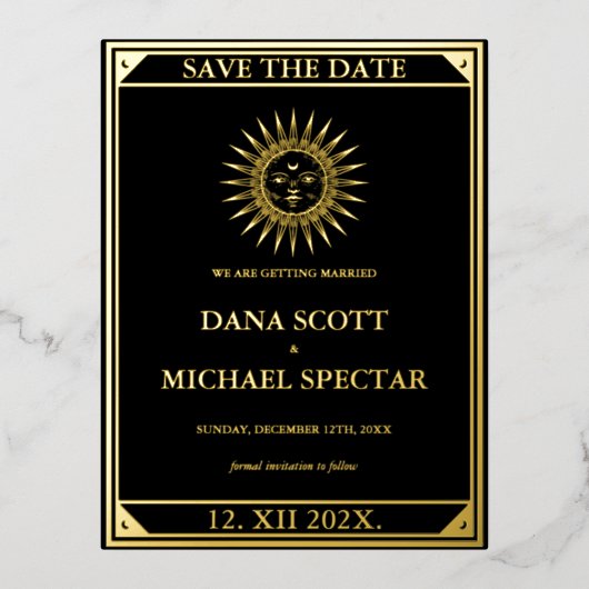 タロットエレガント黒の金ゴールド非写真の日付を保存 箔招待状ポストカード (正面)