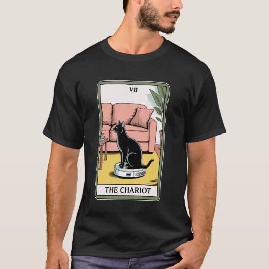 タロットカードの戦車のロボット掃除機 ねこが可愛い Tシャツ (正面)