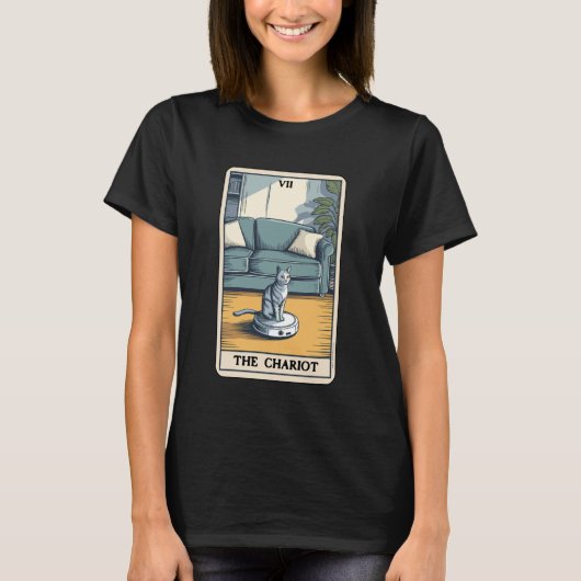 タロットカードの戦車のロボット掃除機 ねこ ネコ 猫 可愛い 面白い Tシャツ (正面)