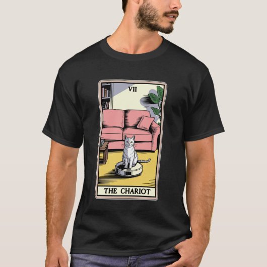 タロットカードの戦車のロボット掃除機 ねこ ユーモア Tシャツ (正面)