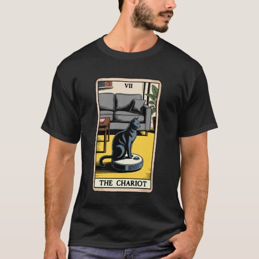 タロットカードの戦車のロボット掃除機 ねこ ユーモア Tシャツ (正面)