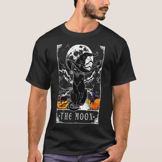 タロットカード 三日月と黒猫の魔女の帽子 H Tシャツ (正面)
