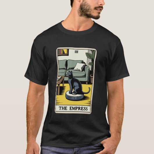 タロットカード 女帝 猫 ロボット掃除機の上 Tシャツ (正面)