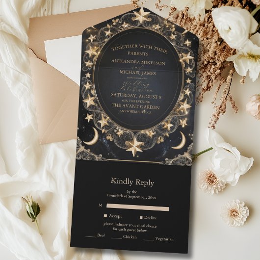 タロットシレ結婚ンズサンムーンスターズ金ゴールド オールインワン招待状