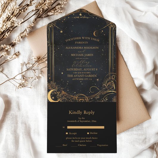 タロットシレ結婚ンズサンムーンスターズ金ゴールド オールインワン招待状