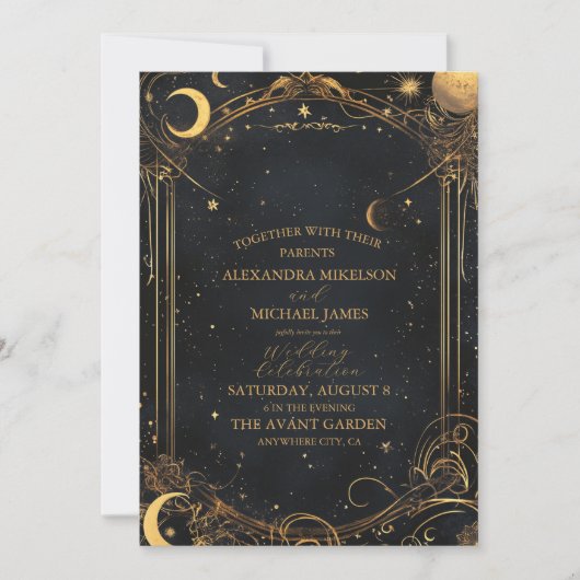 タロットシレ結婚ンズサンムーンスターズ金ゴールド 招待状 (正面)