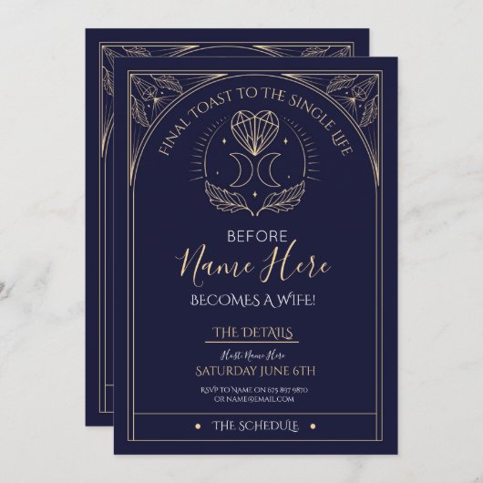 タロットブライダルシャワーパーティー旅程ネイビーミスティック 招待状 (正面/裏面)