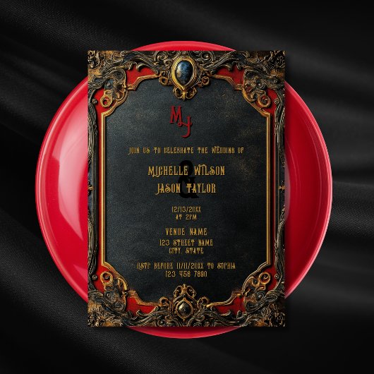 タロットモダンゴシック様式ブラックと金ゴールドモノグラム 招待状