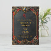 タロットモダンゴシック様式ブラックと金ゴールドモノグラム 招待状 (スタンド正面)