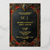 タロットモダンゴシック様式ブラックと金ゴールドモノグラム 箔招待状 (正面)