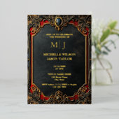 タロットモダンゴシック様式ブラックと金ゴールドモノグラム 箔招待状 (立ち正面)