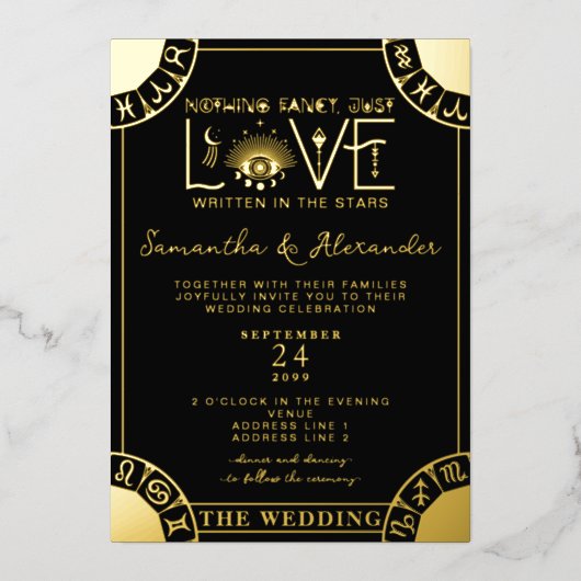 タロット〔占星術の〕十二宮図サイン悪い目ブラックシテラス結婚ズ 箔招待状 (正面)