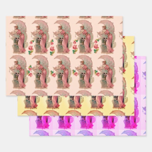 タロット/月の女性、花とピンクのバラ ラッピングペーパーシート (セット)