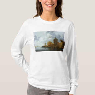 タワーおよび強化された壁が付いている川の河口 Tシャツ