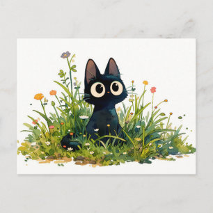 タワーの草水彩かわいい黒猫 ポストカード