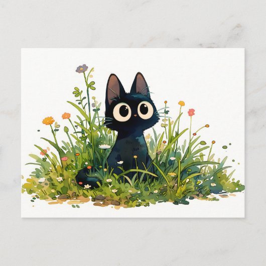 タワーの草水彩かわいい黒猫 ポストカード (正面)