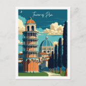 タワーオブピサイタリアヴィンテージ旅行イラストレーション ポストカード (正面)
