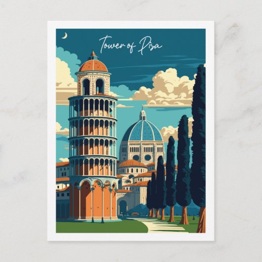 タワーオブピサイタリアヴィンテージ旅行イラストレーション ポストカード (正面)