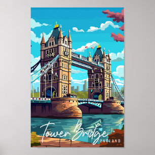 タワーブリッジイングリッシュヴィンテージ旅行イラストレーション ポスター