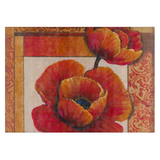 タンとオレンジの背景にポピーの花 カッティングボード (正面)