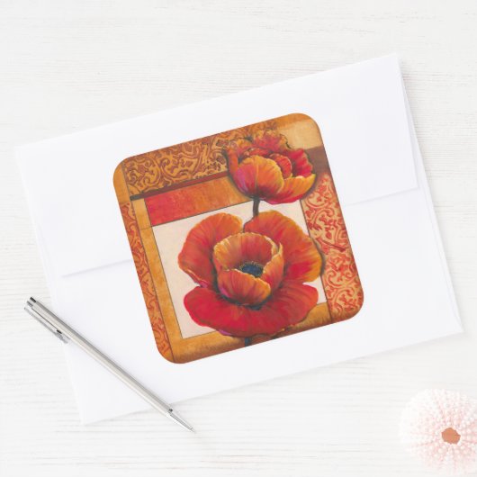 タンとオレンジの背景にポピーの花 スクエアシール (封筒)