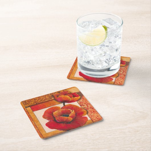 タンとオレンジの背景にポピーの花 スクエアペーパーコースター (インサイチュ)