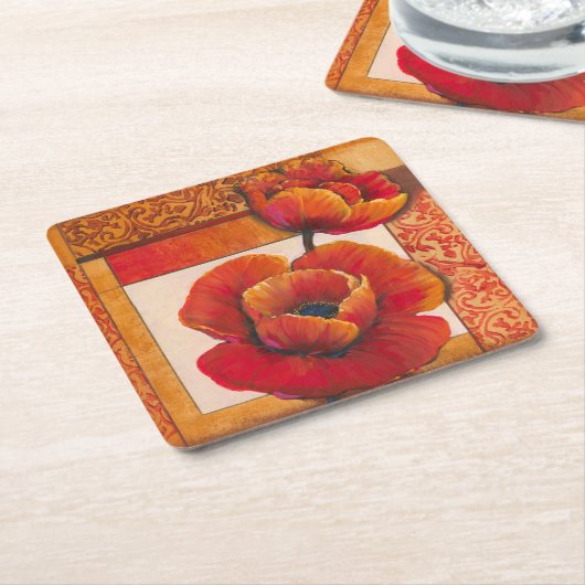タンとオレンジの背景にポピーの花 スクエアペーパーコースター (アングル)