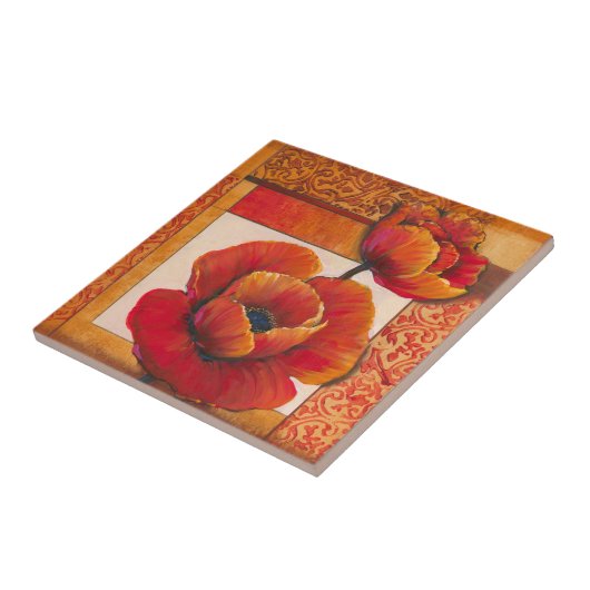 タンとオレンジの背景にポピーの花 タイル (側面)