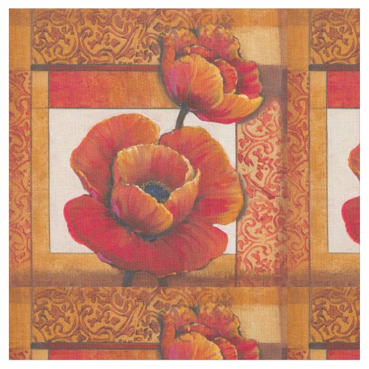 タンとオレンジの背景にポピーの花 ファブリック (クローズアップ)