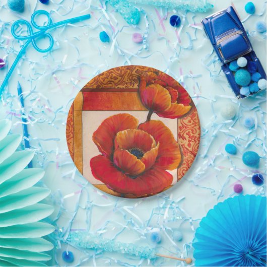 タンとオレンジの背景にポピーの花 ペーパープレート (パーティー)