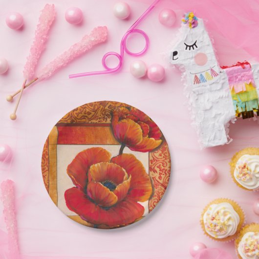 タンとオレンジの背景にポピーの花 ペーパープレート (パーティー)