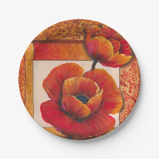 タンとオレンジの背景にポピーの花 ペーパープレート (正面)