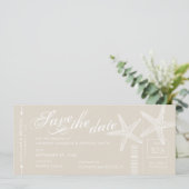 タンとホワイトのスターフィッシュ 搭乗券スタイルの招待状 セーブザデート (スタンド正面)