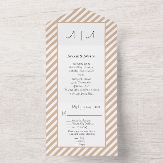 タンと白ストライプのが1つの結婚式の招待 オールインワン招待状 (内側)