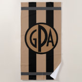 タンのあなたのモノグラムの黒及び小屋は縞で飾ります ビーチタオル (正面)