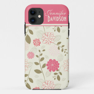 タンのガーリーなピンクのアイボリーの花のモノグラムiPhone5 iPhone 11 ケース