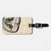 タンのダマスク織の黒のかわいいヴィンテージのフクロウ ラゲッジタグ (正面横)